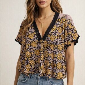 Free People Yellow and Black Floral Blouse